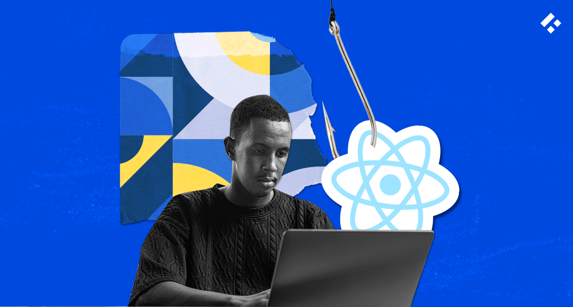 Illustration depicting React Hooks for optimizing functional components and managing lifecycle, with the React logo and code elements