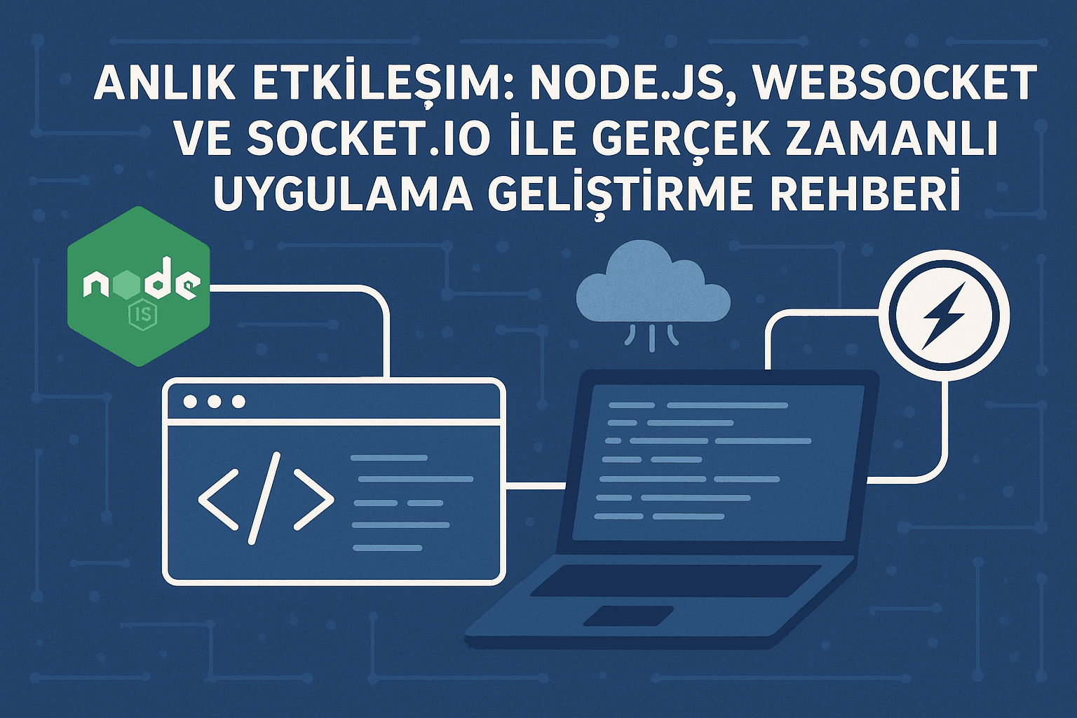 Anlık Etkileşim: Node.js, WebSockets, Socket.IO Gerçek Zamanlı Uygulama Geliştirme Rehberi cover; includes Node.js logo and code.