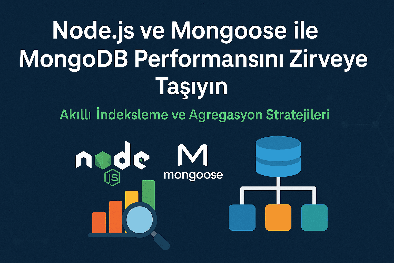 Node.js ve MongoDB Veri Optimizasyonu kapak resmi: Node.js, Mongoose logoları, grafikler, veritabanı şeması.