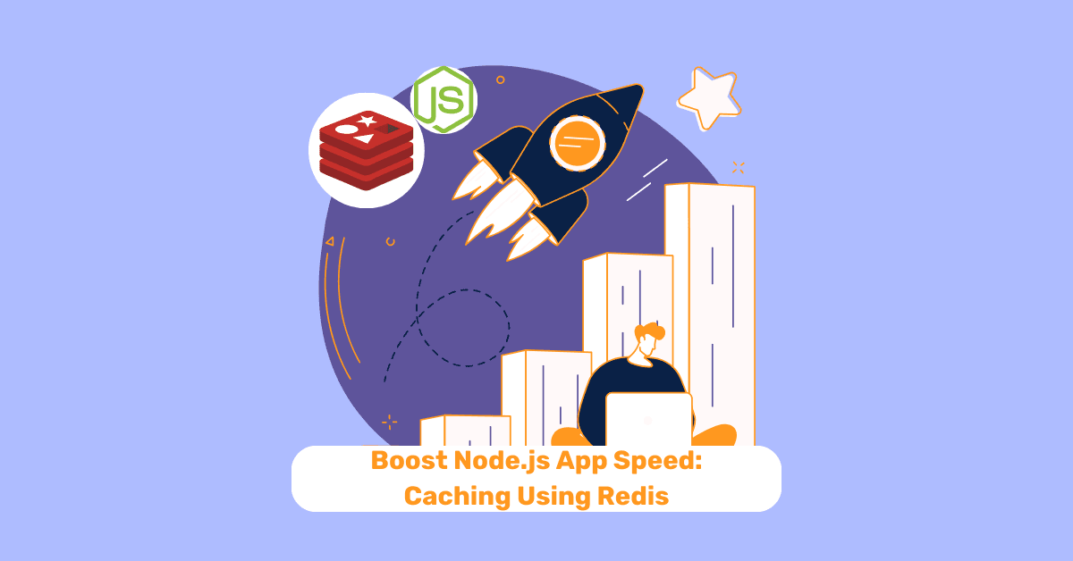 Illustration showing a Node.js application logo connected to a Redis database for boosting performance through effective caching mechanisms