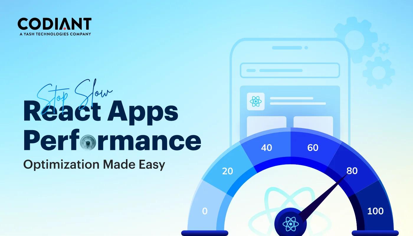 Graphic visualizing React performance optimization, demonstrating the concept of speeding up slow React applications and preventing unnecessary re-renders.