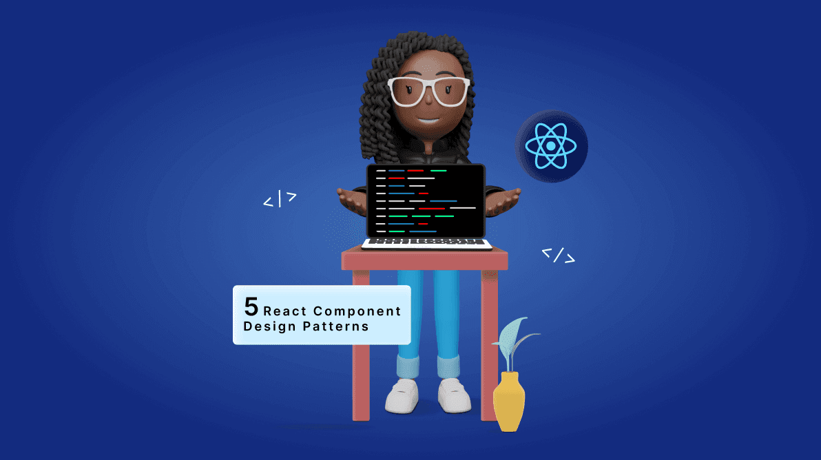 React component composition patterns, showing various colored blocks fitting together like a puzzle to create flexible user interfaces, with the React logo.