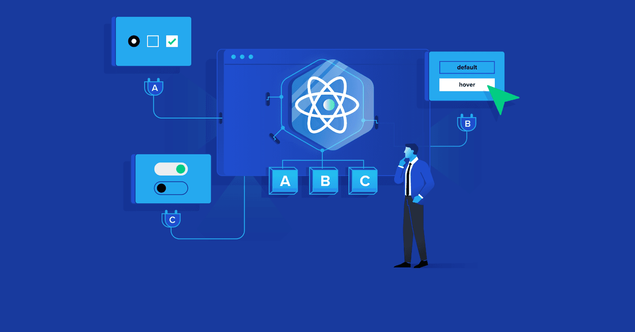 An abstract illustration depicting interconnected nodes and data flow, symbolizing unified state management across React and React Native applications from a single codebase.