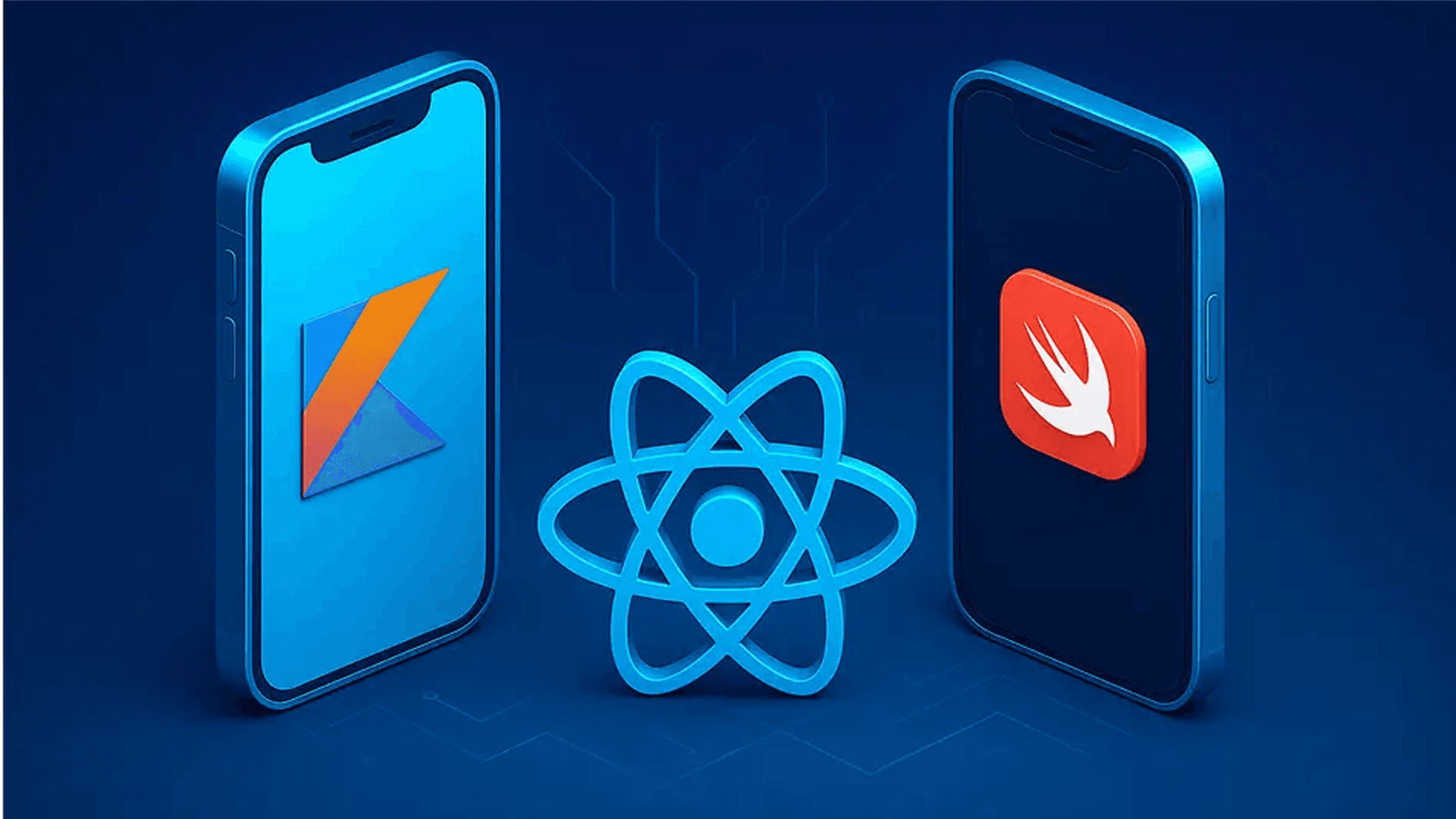 React Native logo alongside code snippets and interconnected abstract lines, symbolizing the development of native modules to integrate platform-specific capabilities beyond JavaScript.