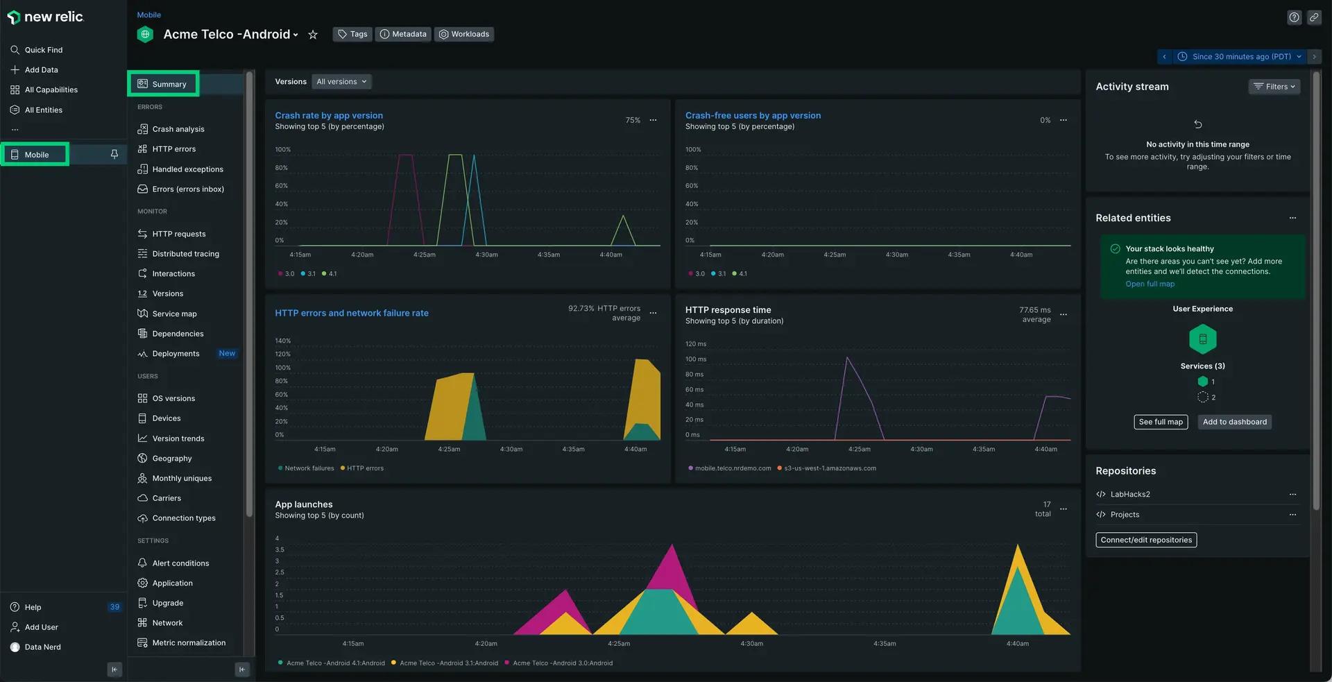 A detailed New Relic dashboard displaying performance metrics, errors, and overall health for React Native mobile applications in a production environment.
